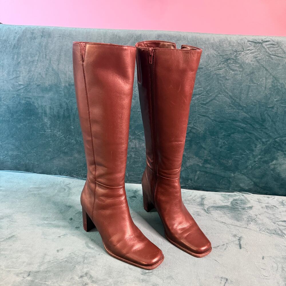 Vintage Y2K brown leather knee high heeled ankle boots